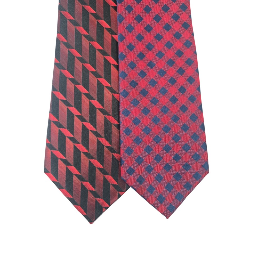 Lot of 2 IZOD & Arrow 100% Silk Neckties Red Black Blue Check Geometric Modern - Picture 7 of 7